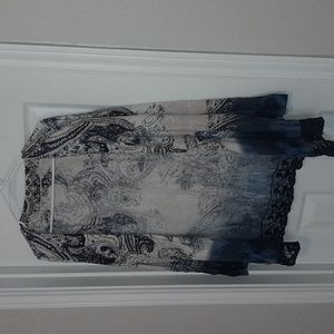 Blue and cream sweater/cardigan with lace trim.